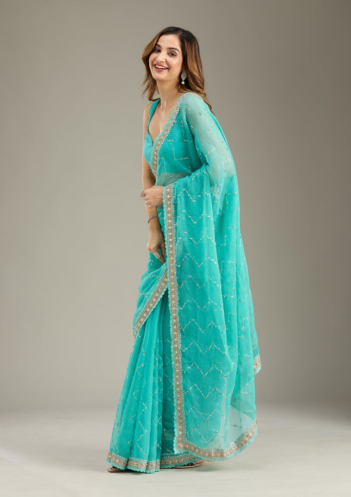 Sea Green Stonework (Gold) Tissue Saree-Koskii