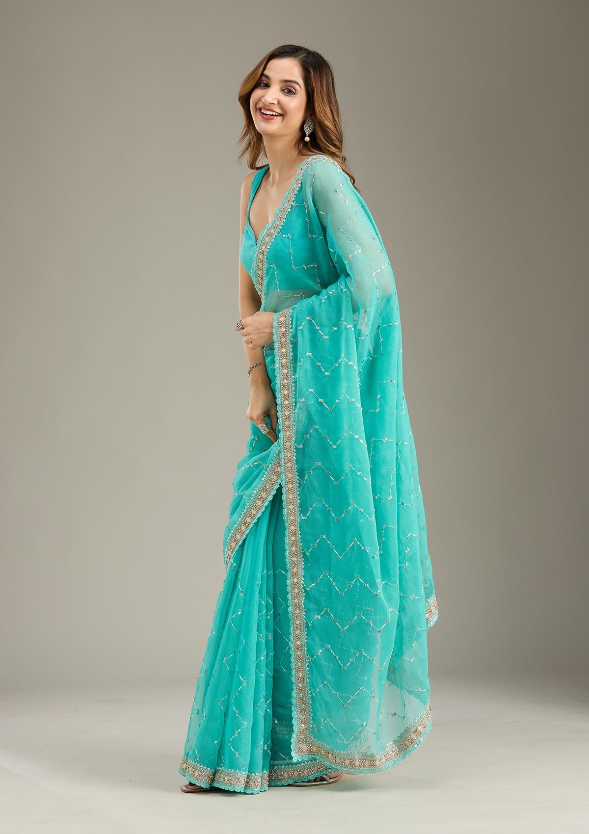 Sea Green Stonework (Gold) Tissue Saree-Koskii