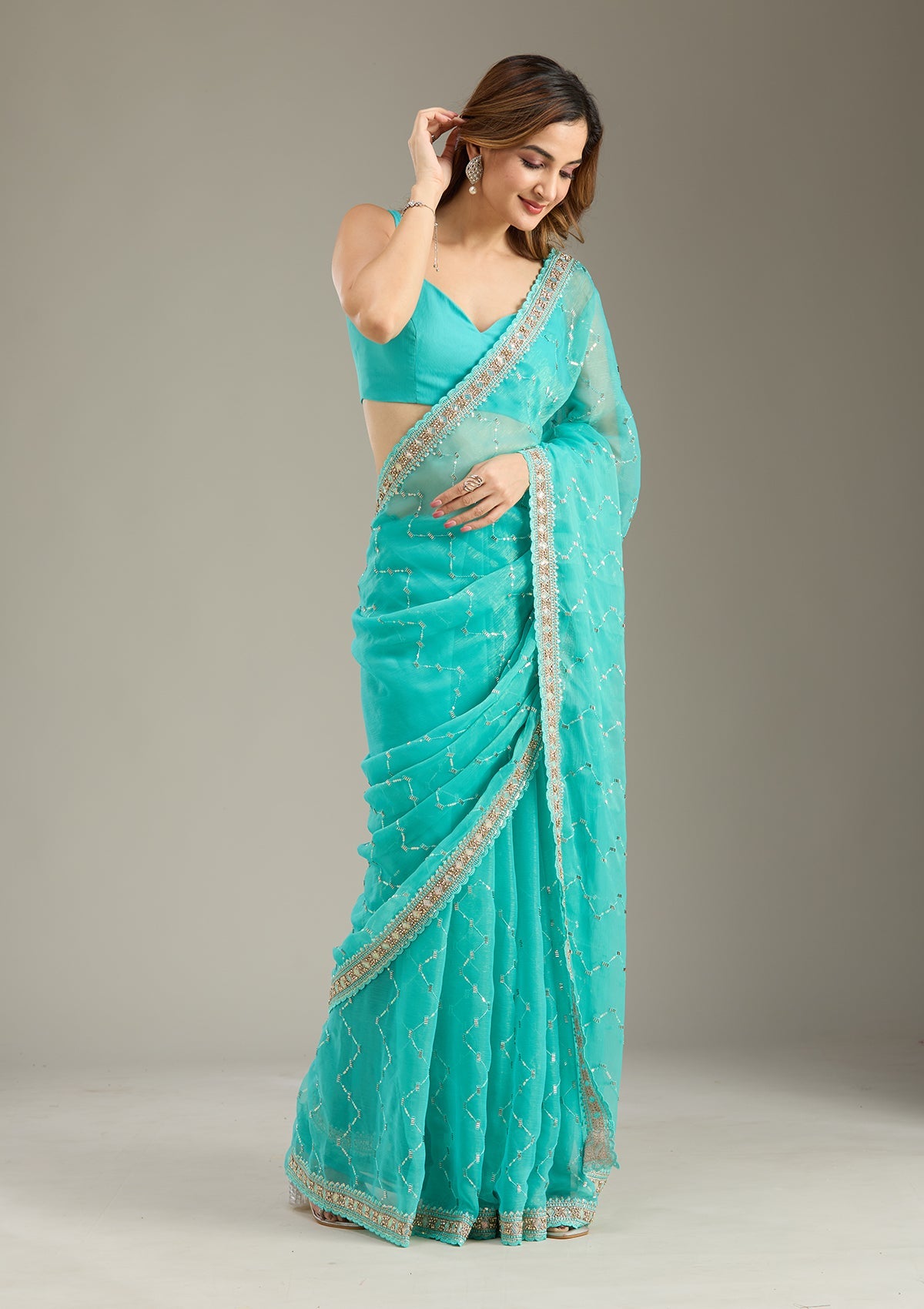 Sea Green Stonework (Gold) Tissue Saree-Koskii