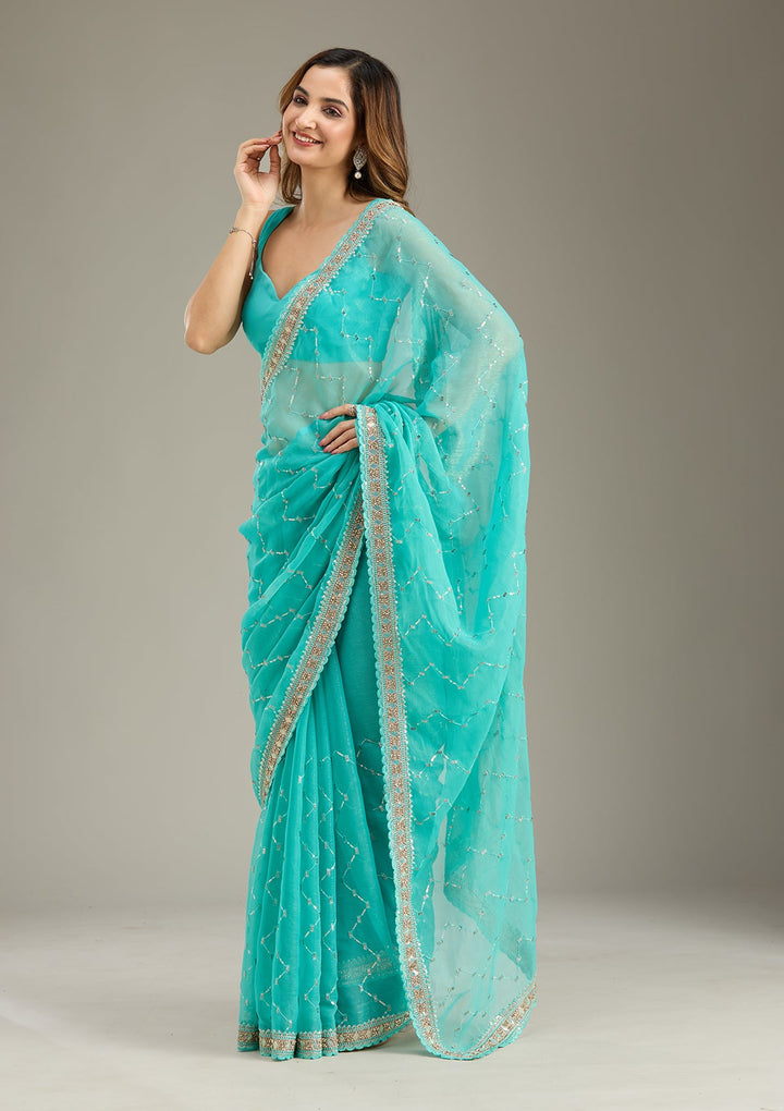 Sea Green Stonework (Gold) Tissue Saree-Koskii