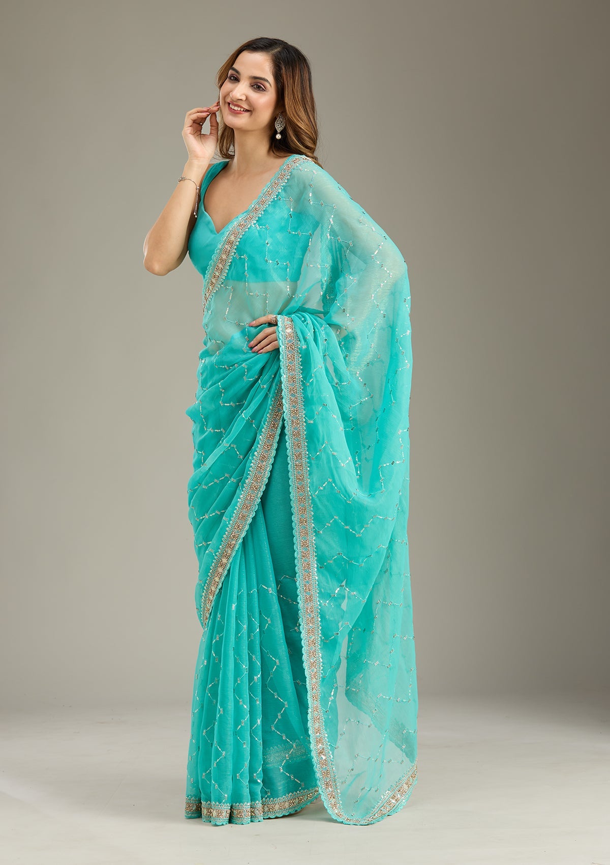 Sea Green Stonework (Gold) Tissue Saree-Koskii