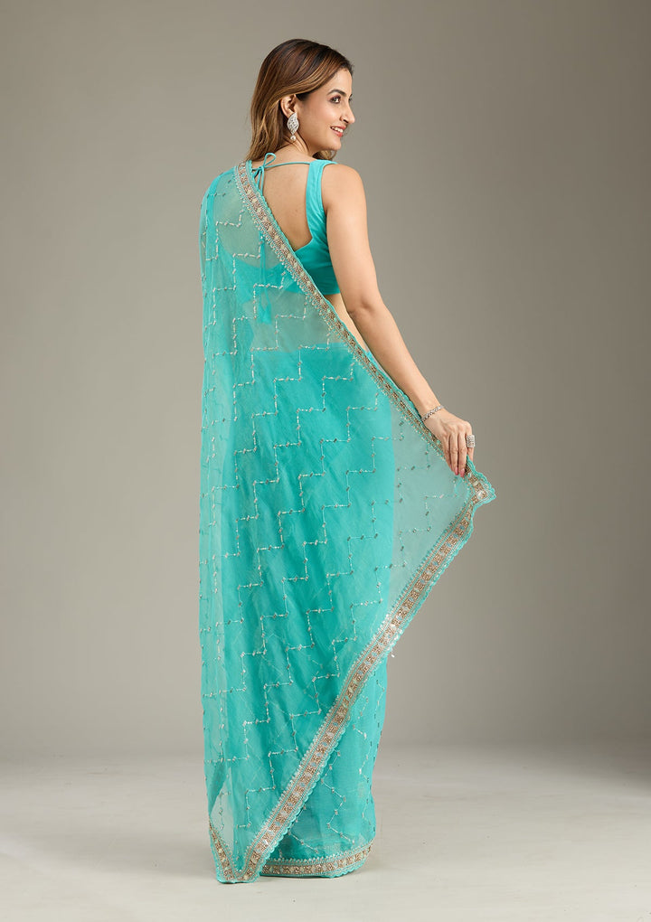 Sea Green Stonework (Gold) Tissue Saree-Koskii