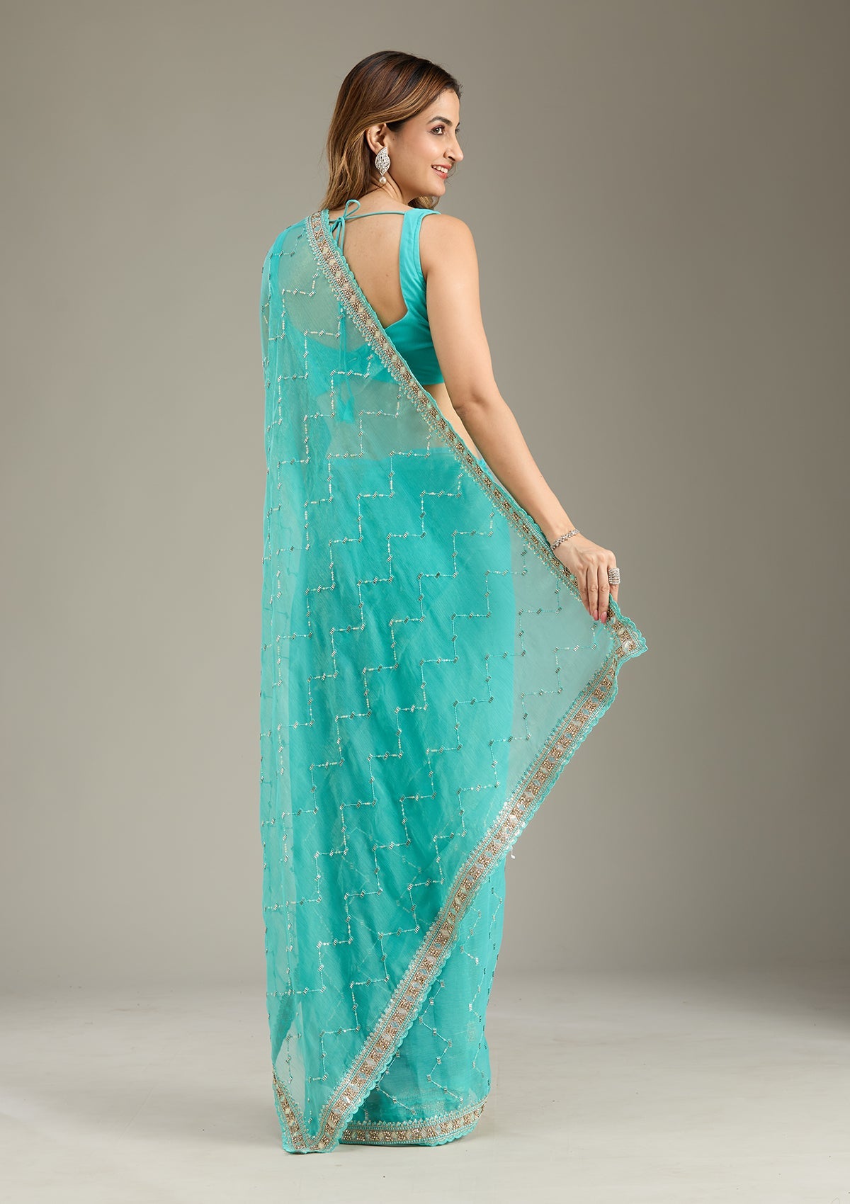 Sea Green Stonework (Gold) Tissue Saree-Koskii