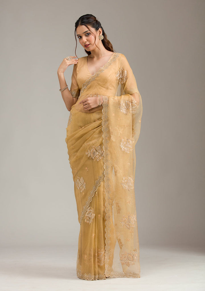 Orange Zariwork (Gold) Net Readymade Anarkali Suit-koskii