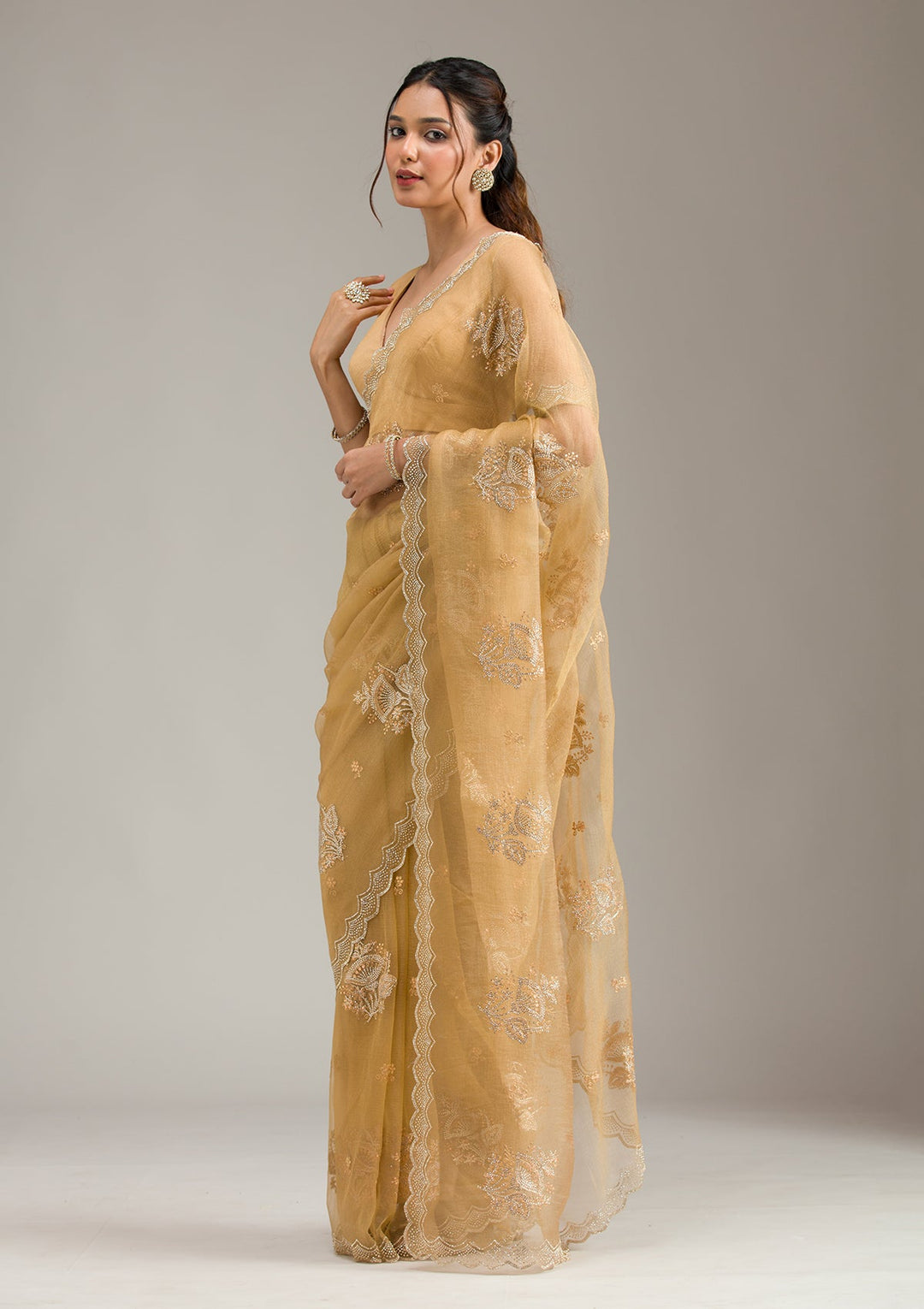 Orange Zariwork (Gold) Net Readymade Anarkali Suit-koskii