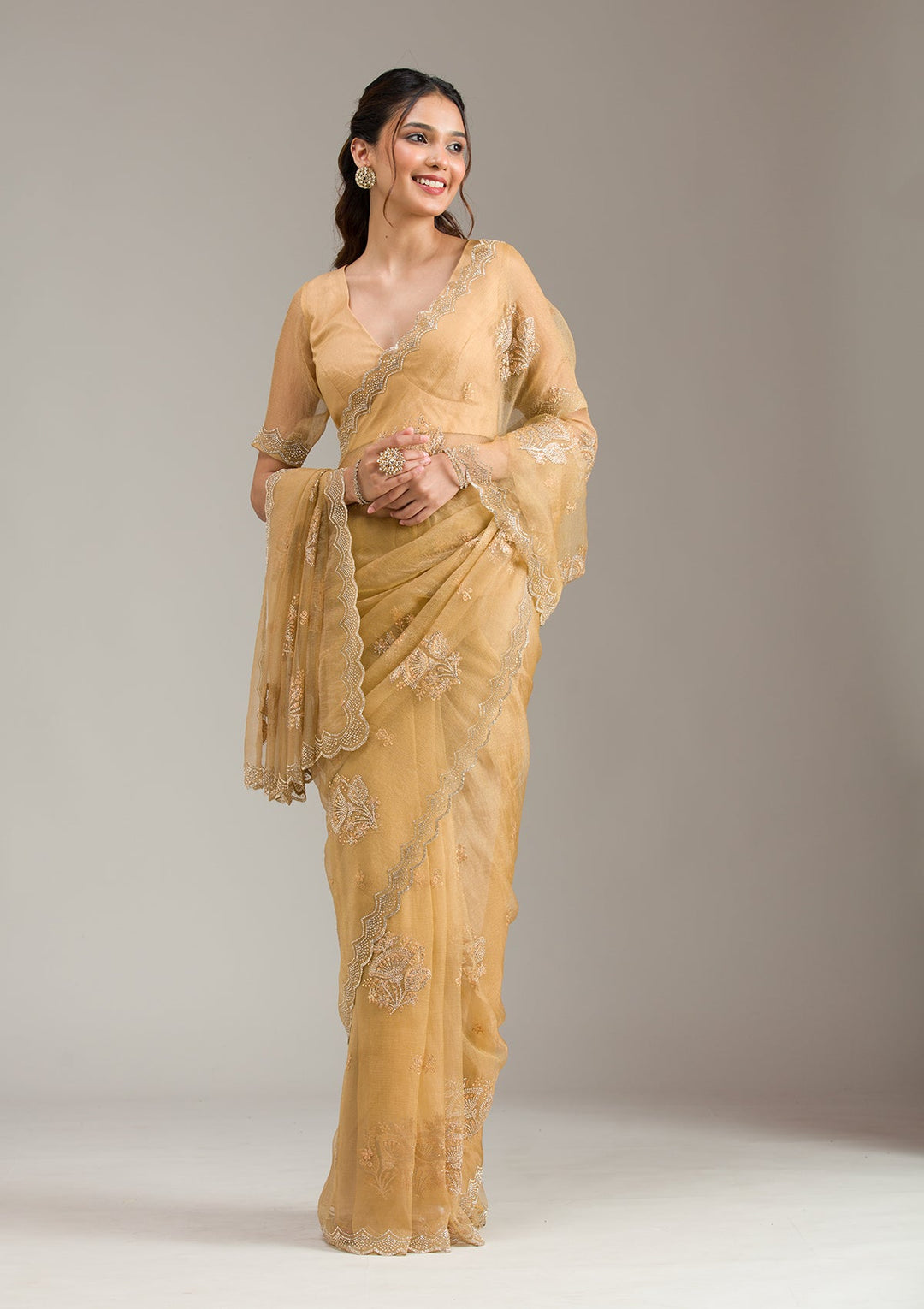 Orange Zariwork (Gold) Net Readymade Anarkali Suit-koskii