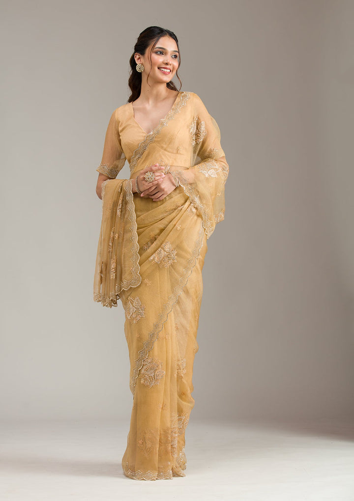 Orange Zariwork (Gold) Net Readymade Anarkali Suit-koskii