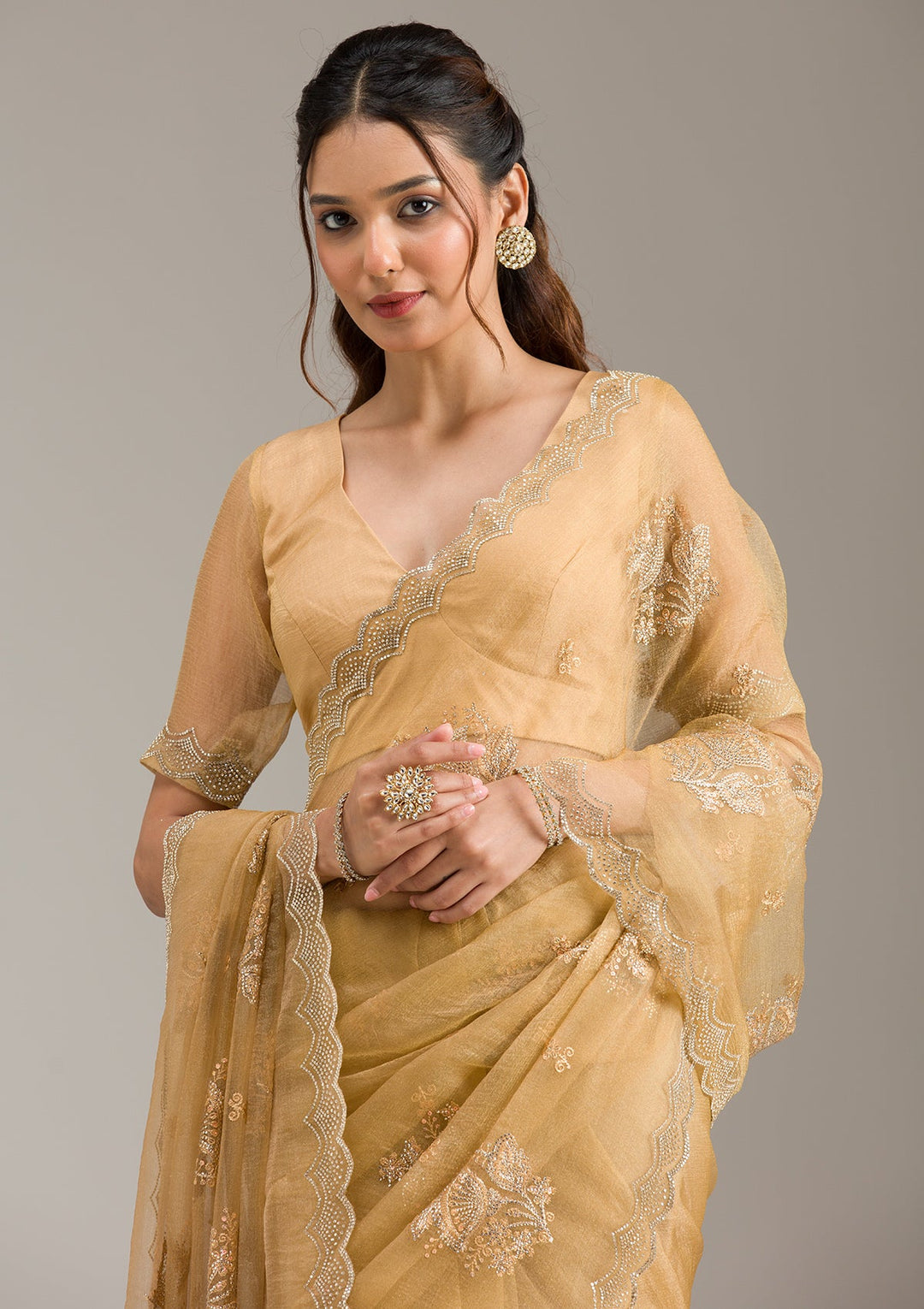 Orange Zariwork (Gold) Net Readymade Anarkali Suit-koskii