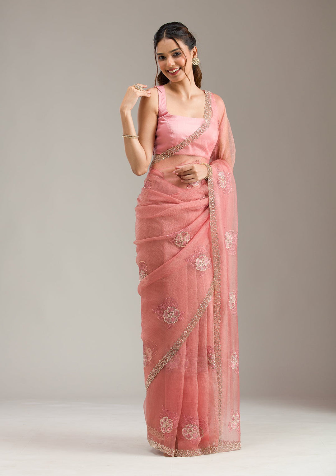Pink Zariwork (Gold) Net Readymade Anarkali Suit-koskii
