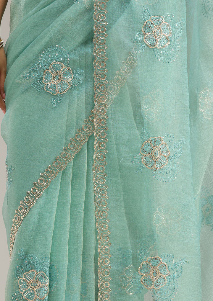 Sky Blue Mirrorwork Soft Raw Silk Readymade Lehenga-koskii