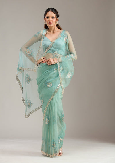 Sea Green Threadwork Chiffon Saree-koskii