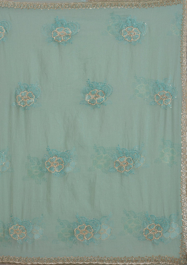 Sky Blue Mirrorwork Soft Raw Silk Readymade Lehenga-koskii