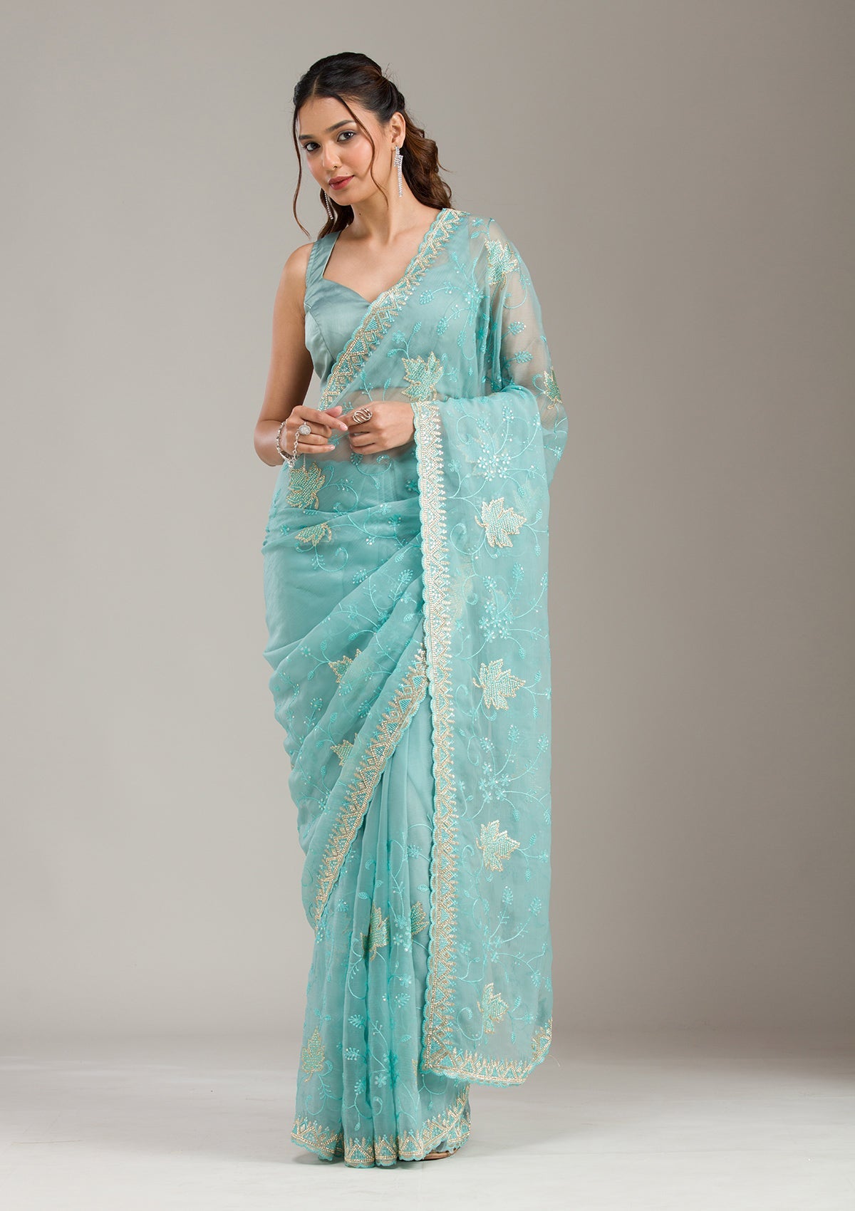 Royal Blue Zariwork (Gold) Chinon Readymade Salwar Suit-koskii