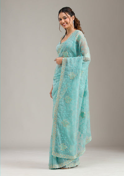 Royal Blue Zariwork (Gold) Chinon Readymade Salwar Suit-koskii