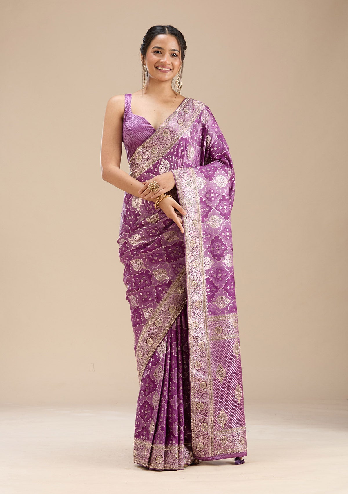 Purple Stonework Silk Saree-Koskii
