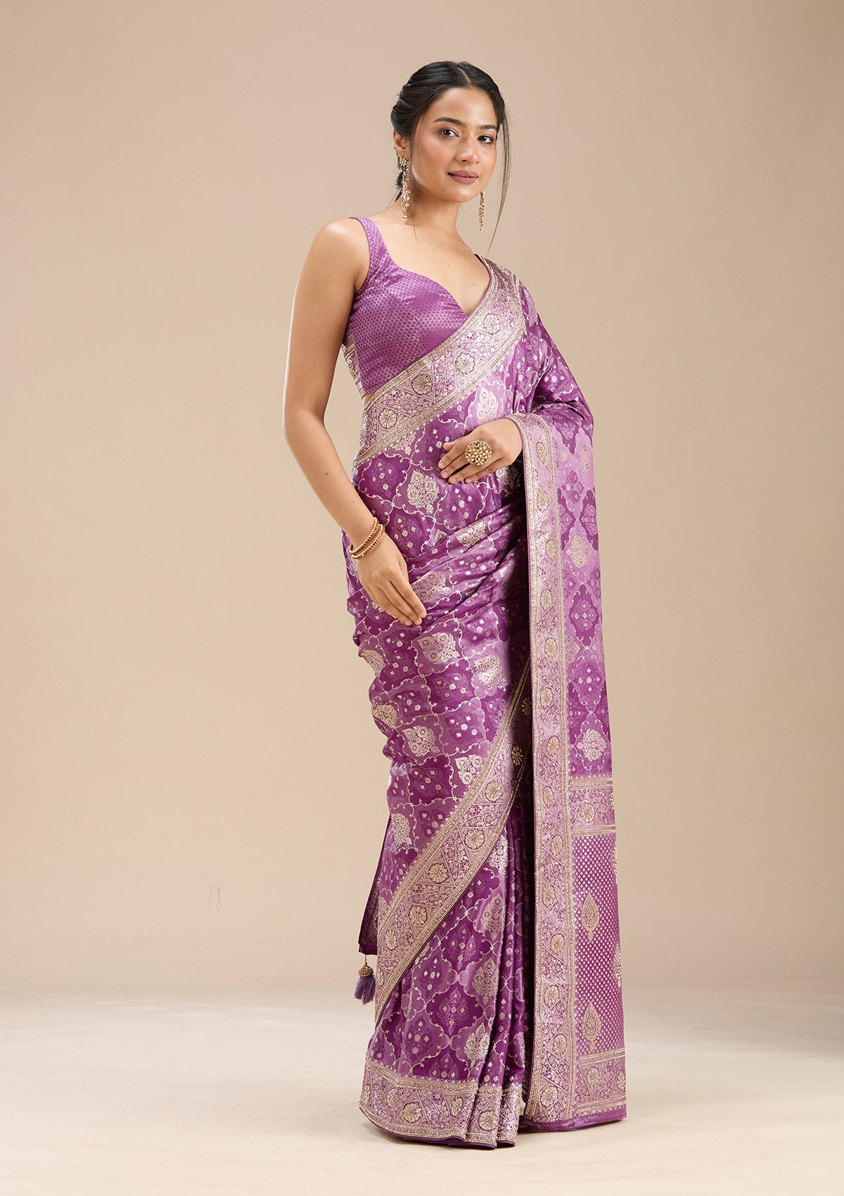 Purple Stonework Silk Saree-Koskii