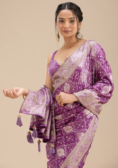 Purple Stonework Silk Saree-Koskii