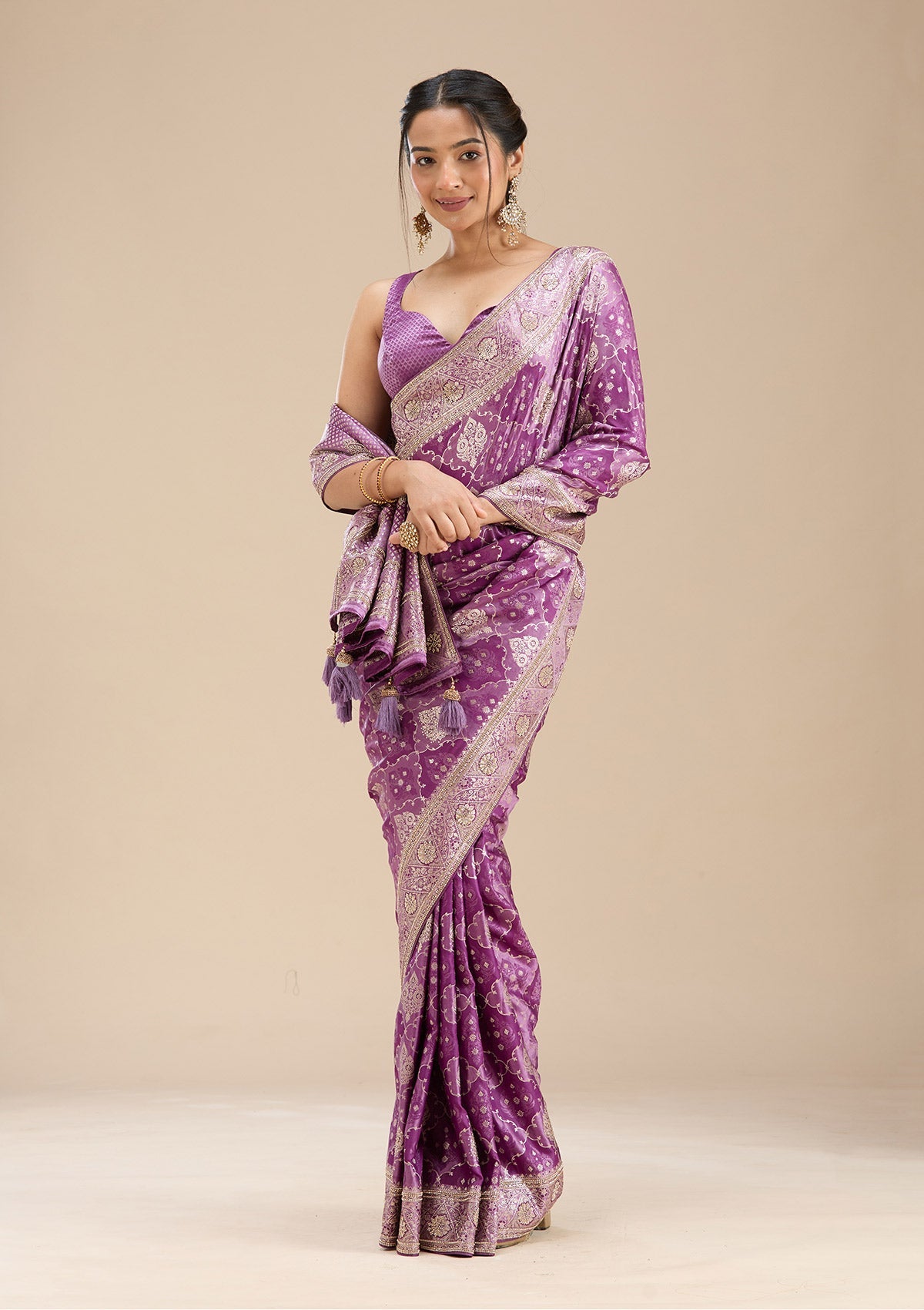 Purple Stonework Silk Saree-Koskii