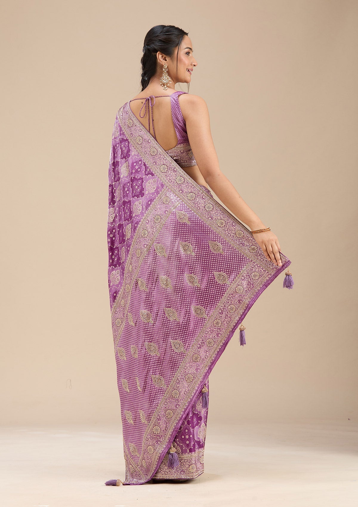Purple Stonework Silk Saree-Koskii