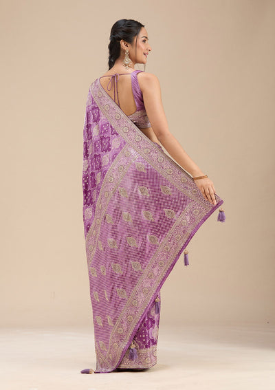 Purple Stonework Silk Saree-Koskii