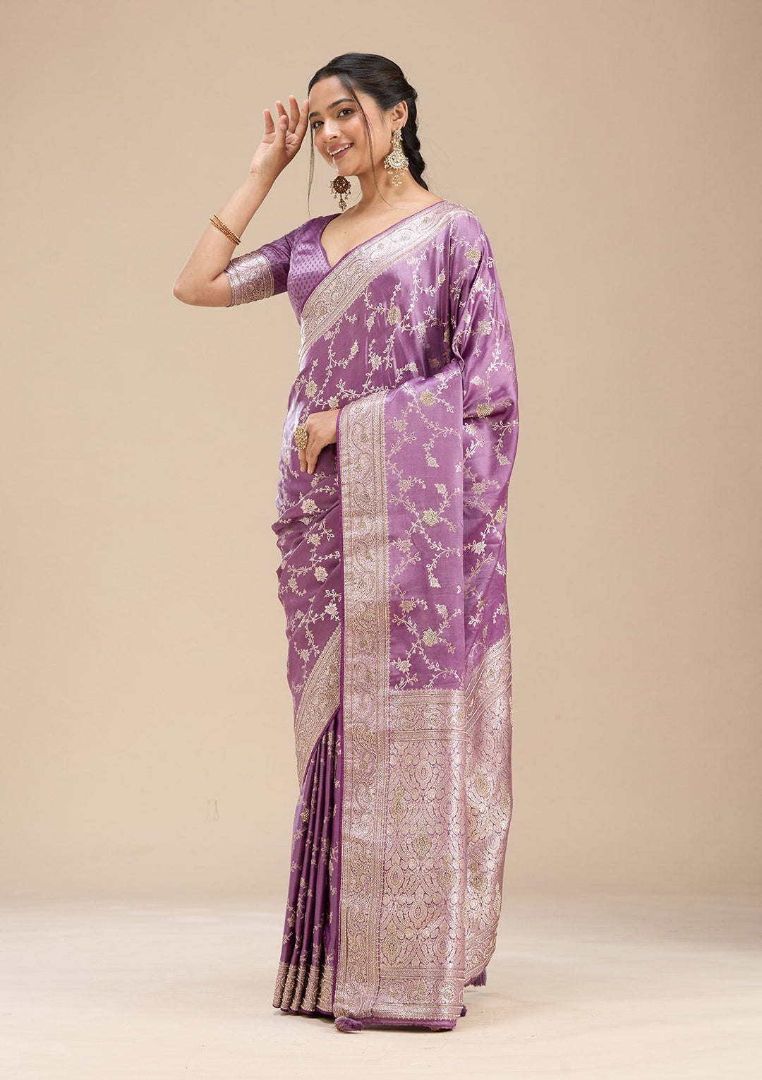 Lavender Stonework Silk Saree-Koskii