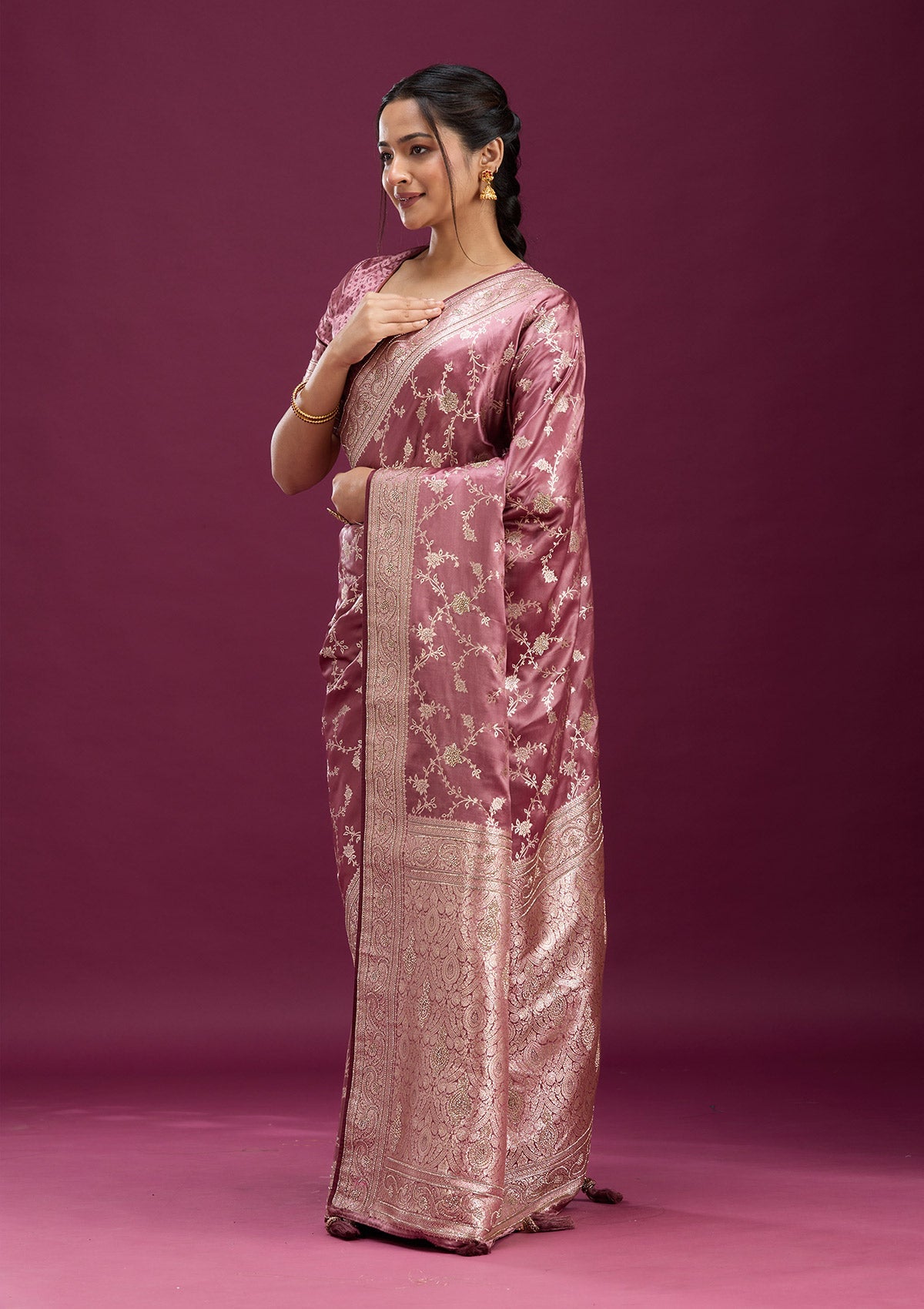 Onion Pink Stonework Silk Silk_Saree-Koskii