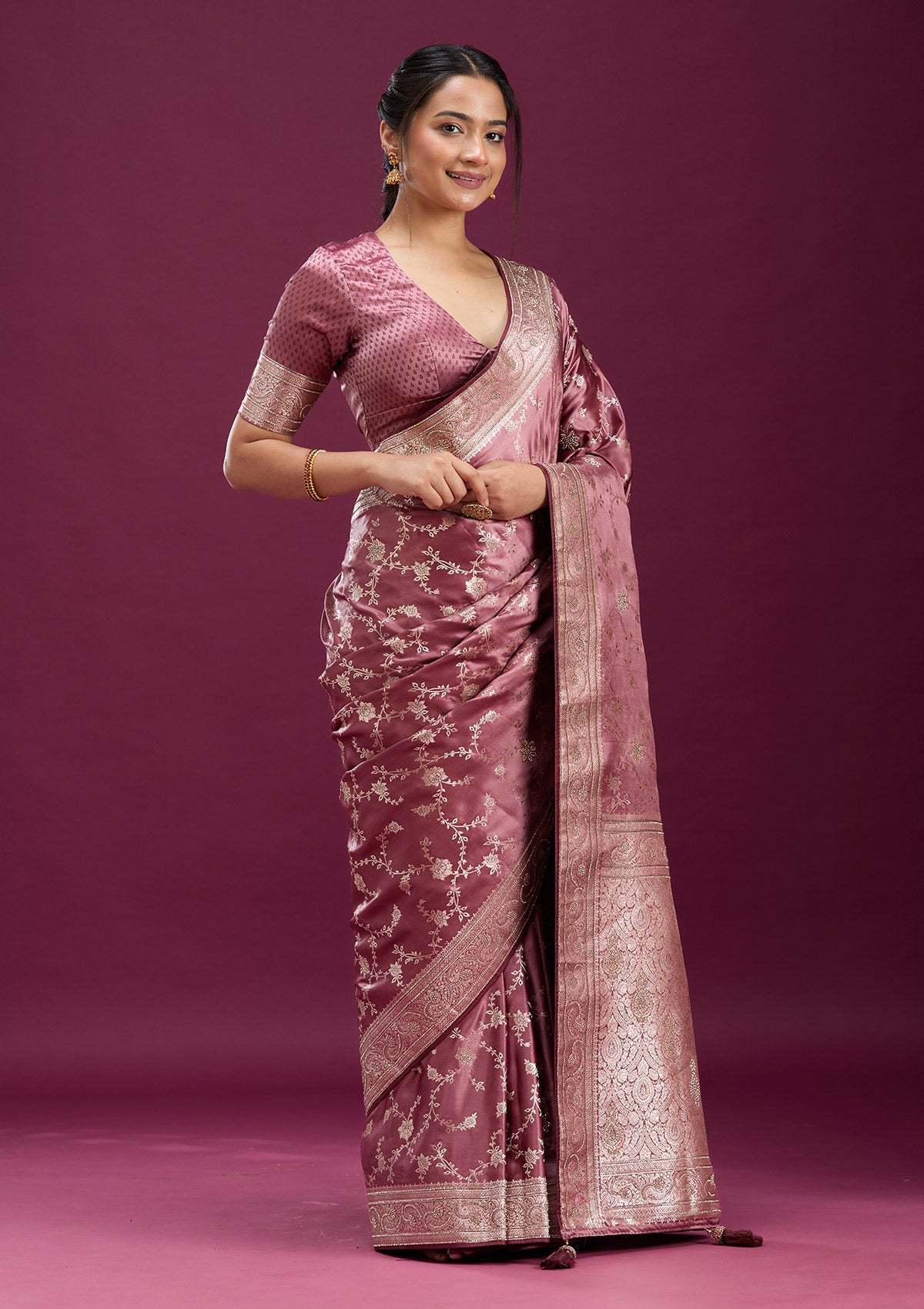 Onion Pink Stonework Silk Silk_Saree-Koskii