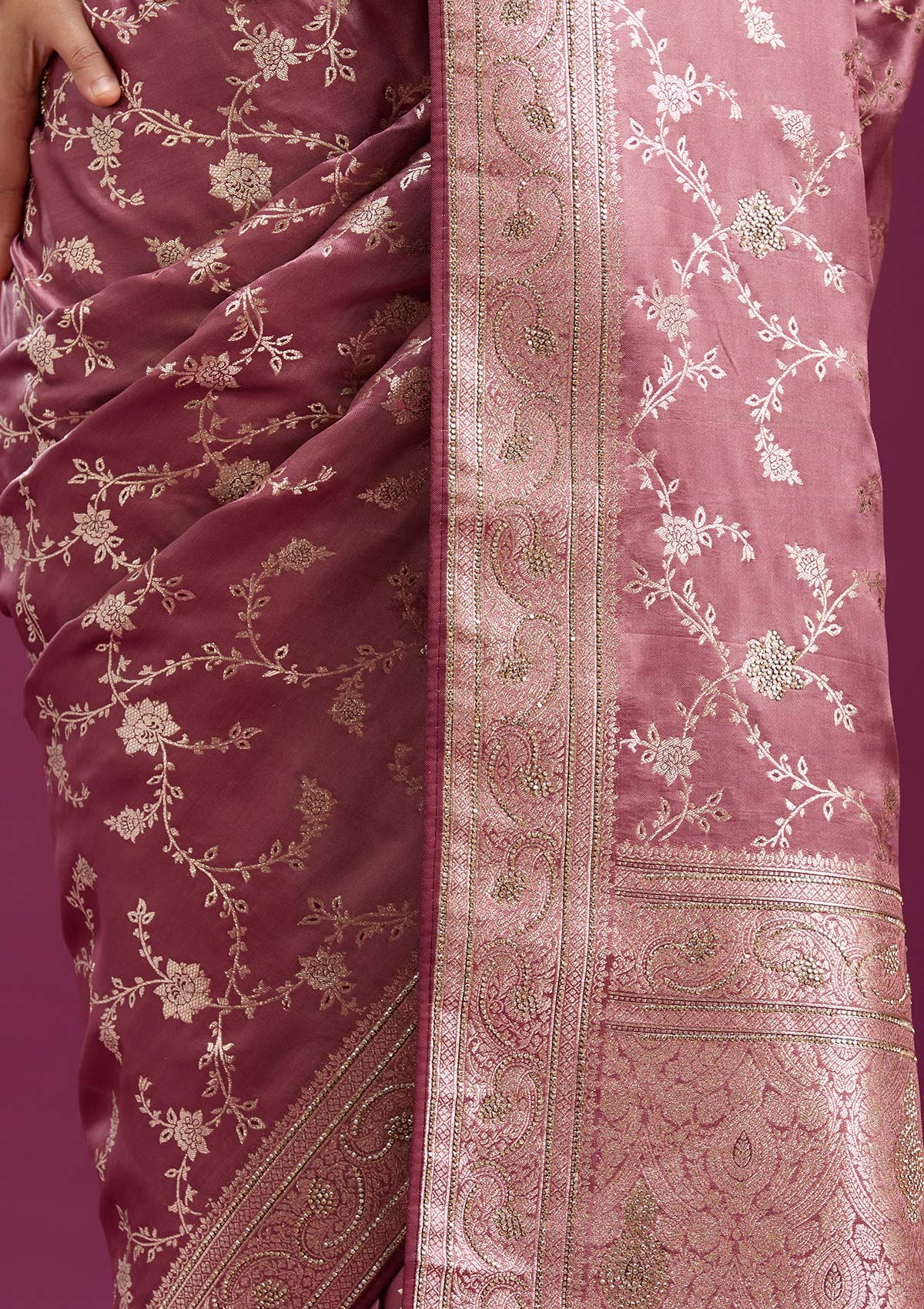 Onion Pink Stonework Silk Silk_Saree-Koskii