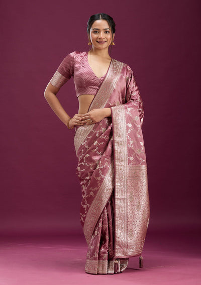 Onion Pink Stonework Silk Silk_Saree-Koskii
