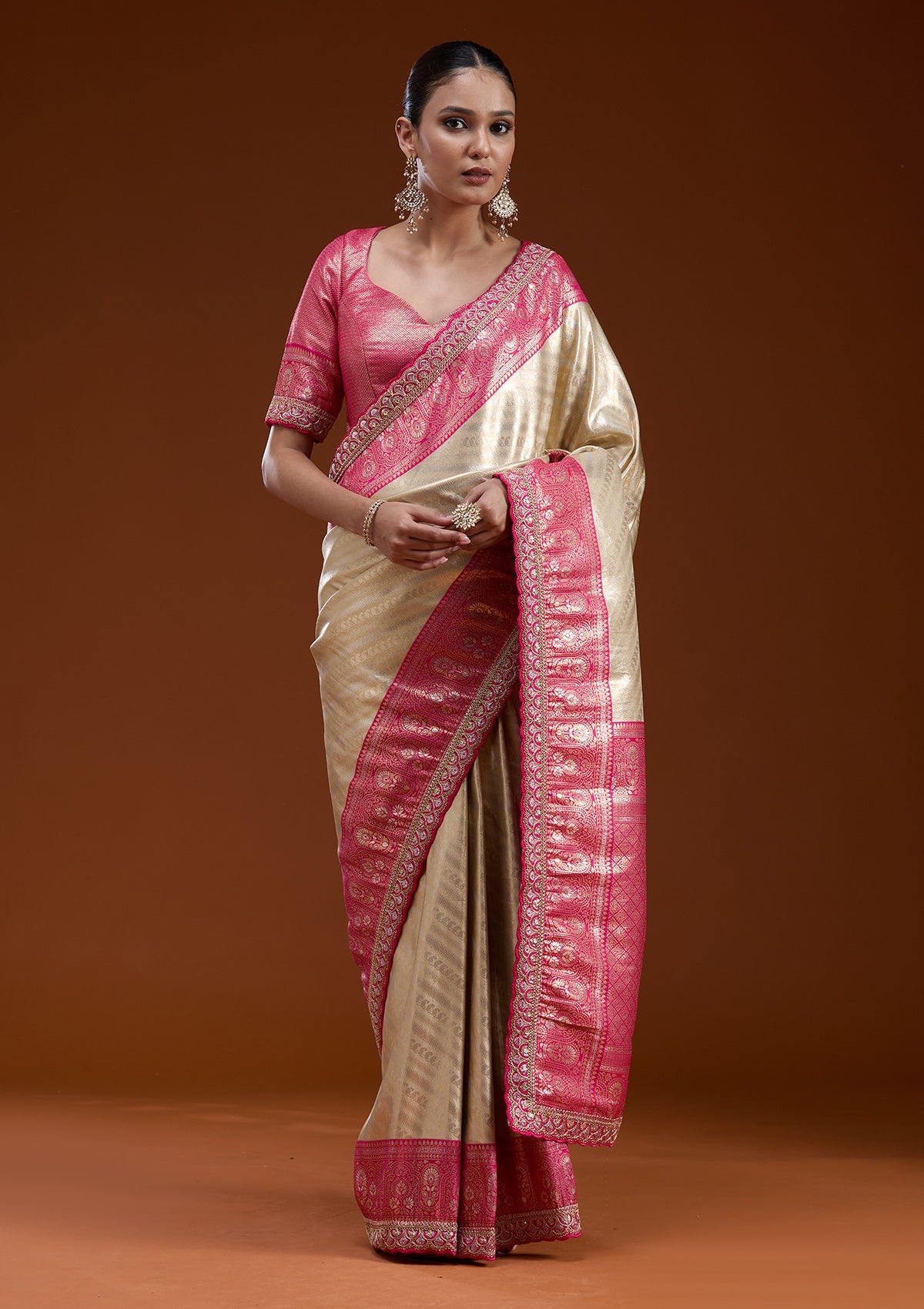 Beige Cording Silk Silk_Saree-koskii