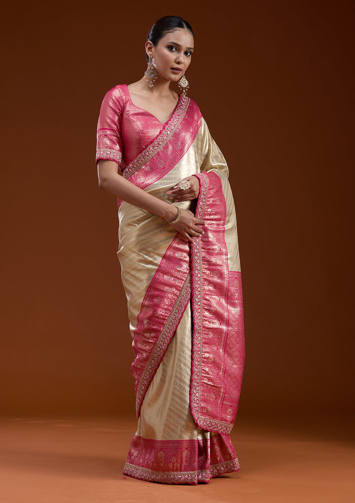 Beige Cording Silk Silk_Saree-koskii