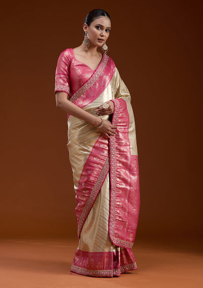 Beige Cording Silk Silk_Saree-koskii
