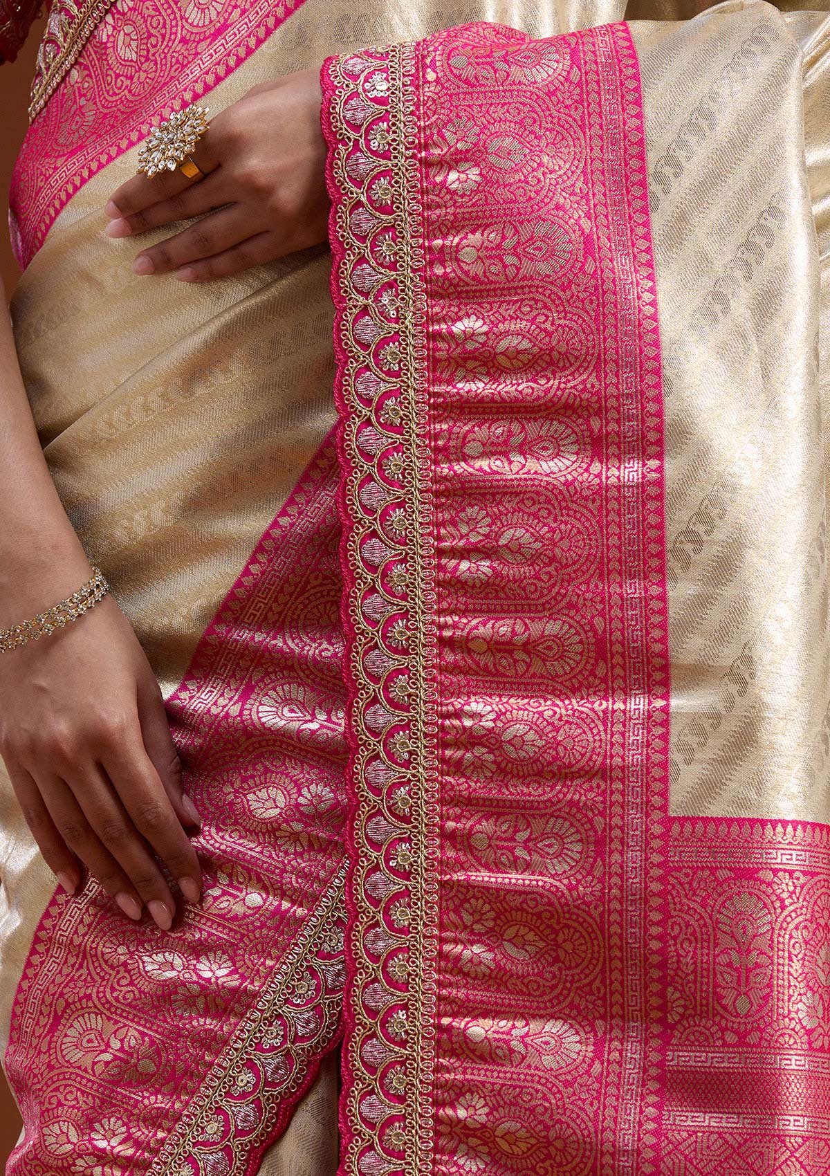 Beige Cording Silk Silk_Saree-koskii