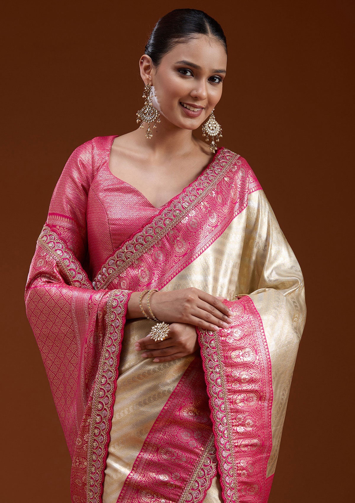 Beige Cording Silk Silk_Saree-koskii
