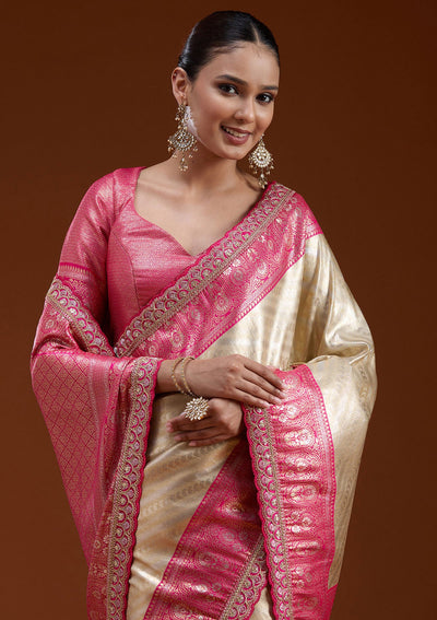 Beige Cording Silk Silk_Saree-koskii