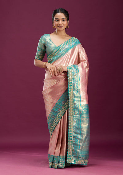 Baby Pink Cording Silk Saree-Koskii