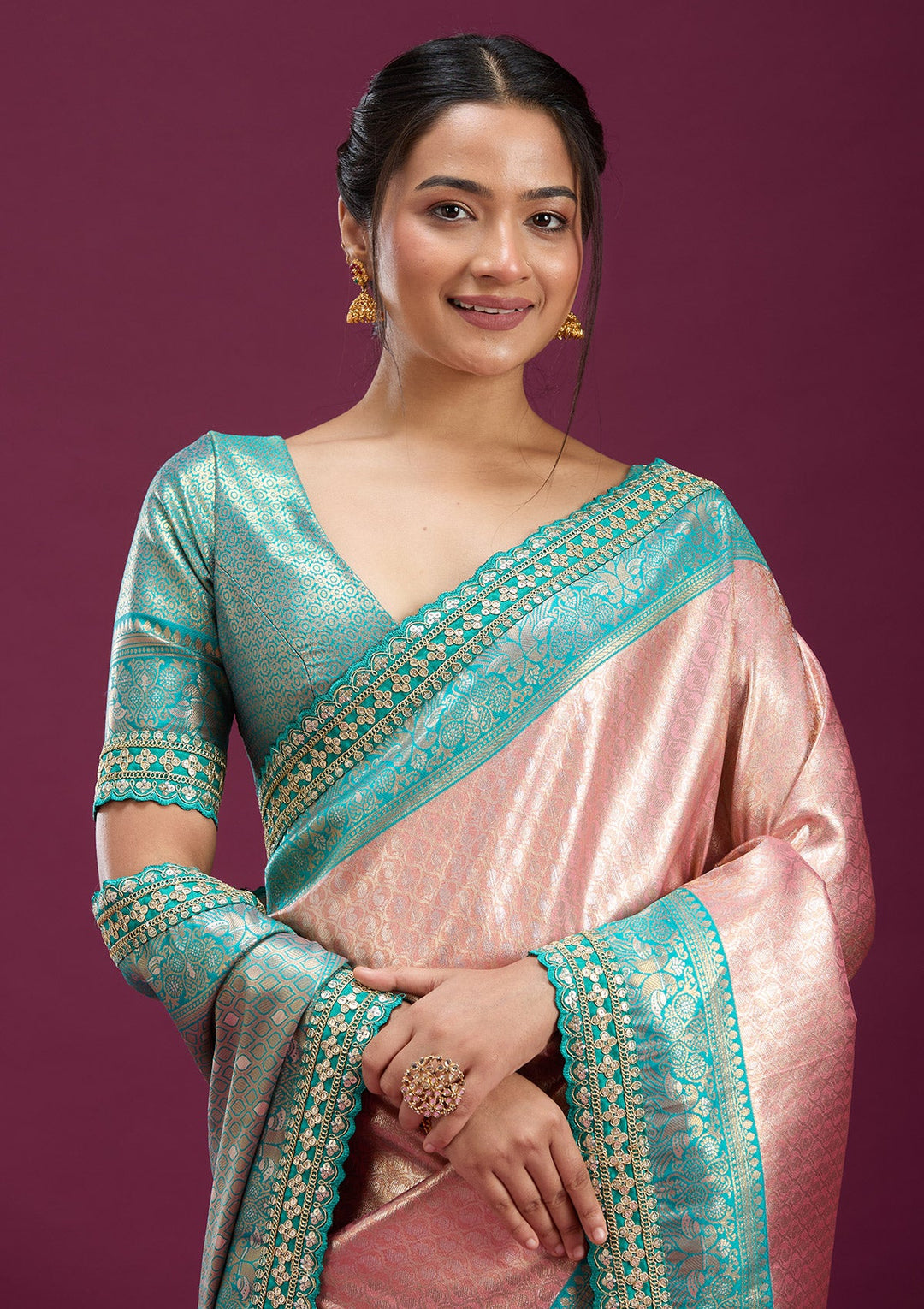 Baby Pink Cording Silk Saree-Koskii
