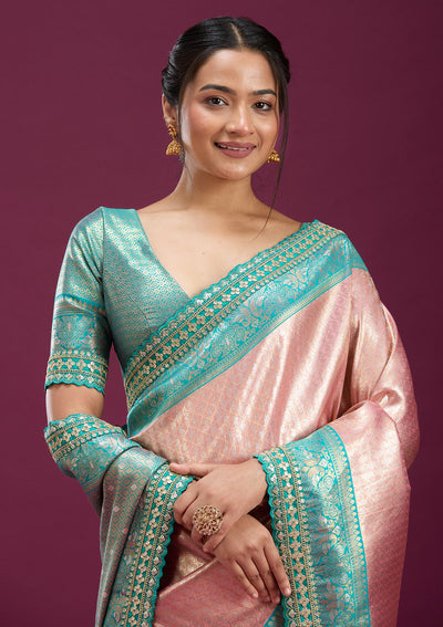Baby Pink Cording Silk Saree-Koskii