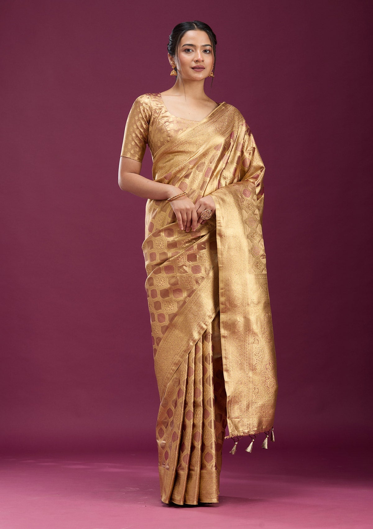 Beige Zariwork (Gold) Silk Saree-Koskii