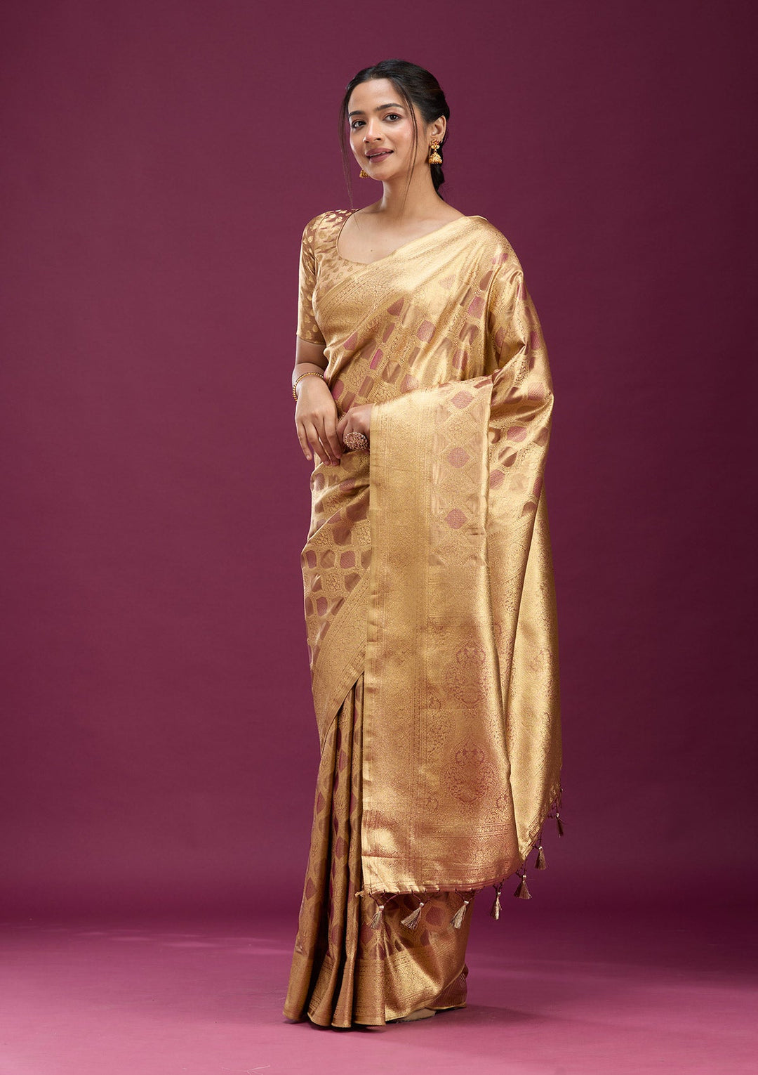 Beige Zariwork (Gold) Silk Saree-Koskii