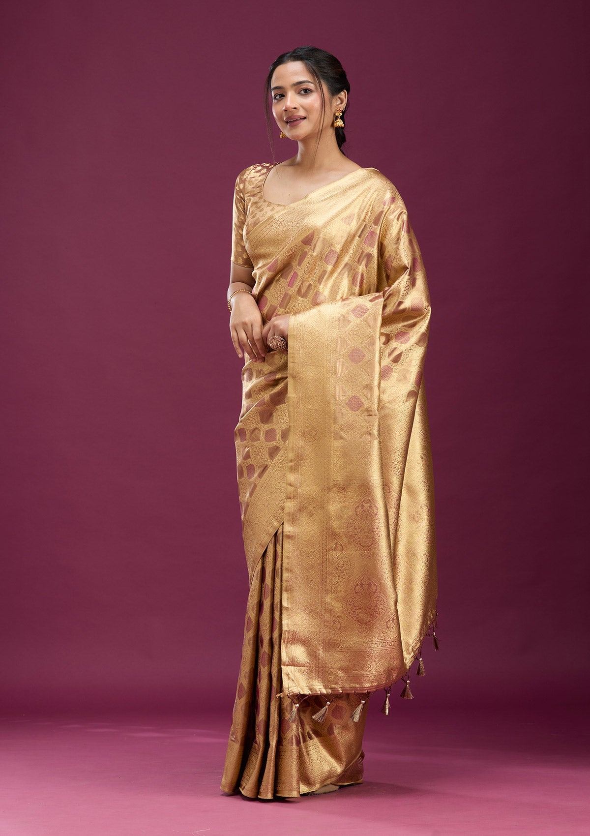 Beige Zariwork (Gold) Silk Saree-Koskii