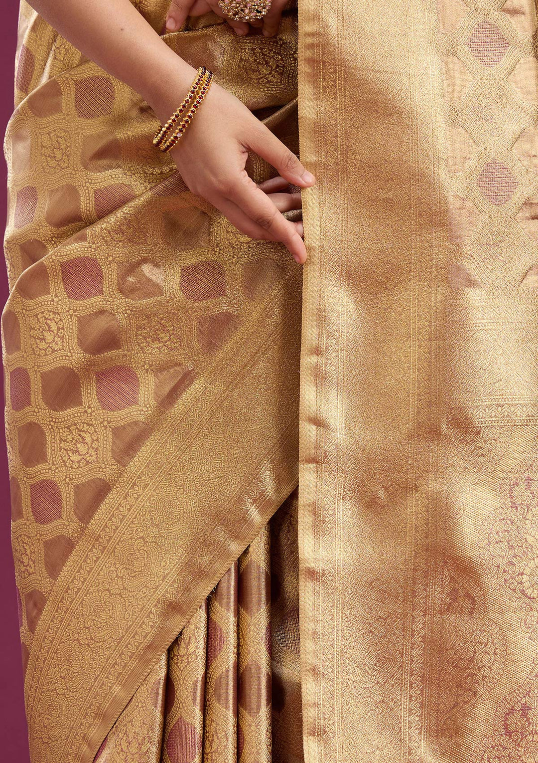 Beige Zariwork (Gold) Silk Saree-Koskii