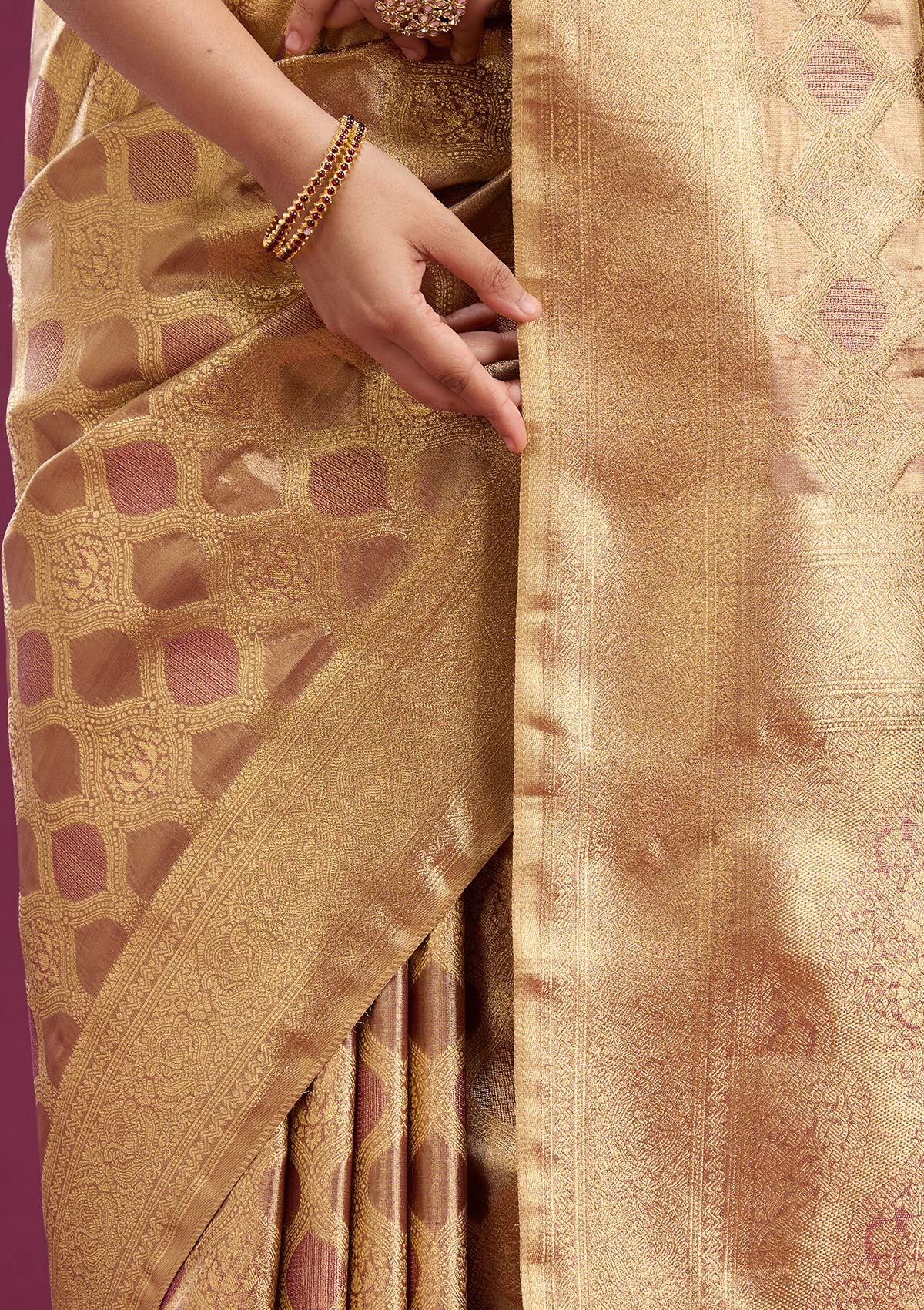 Beige Zariwork (Gold) Silk Saree-Koskii