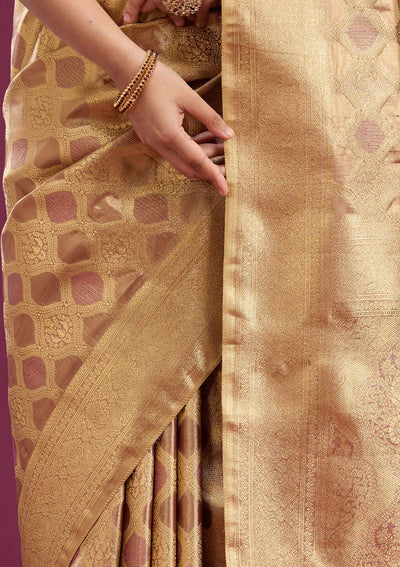 Beige Zariwork (Gold) Silk Saree-Koskii