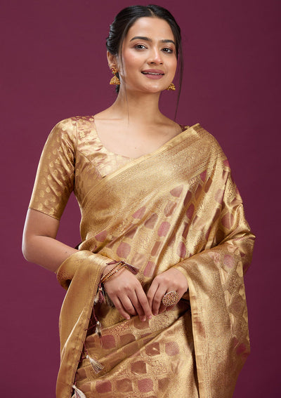 Beige Zariwork (Gold) Silk Saree-Koskii