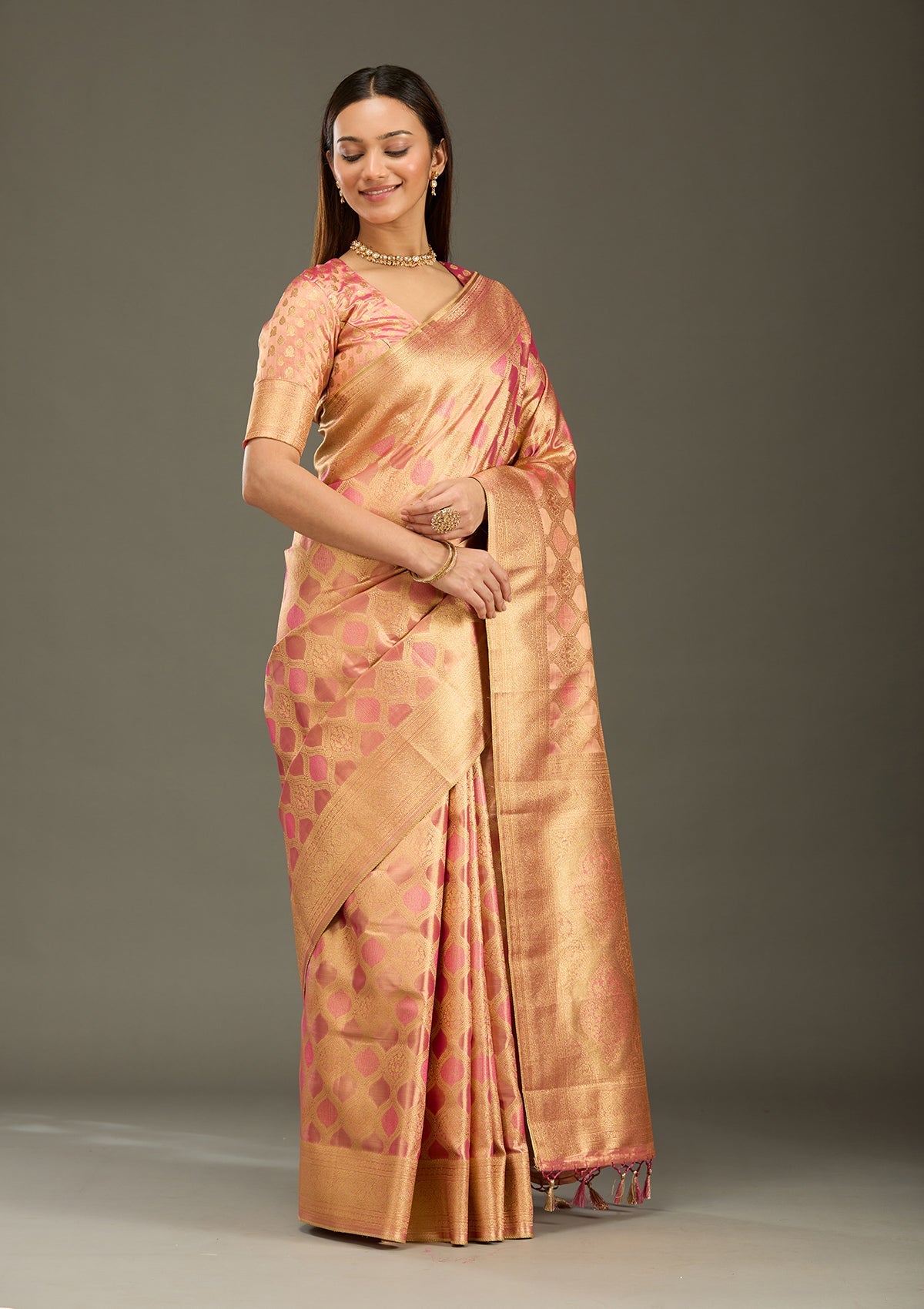 Gajari Pink Zariwork (Gold) Silk Silk_Saree-Koskii