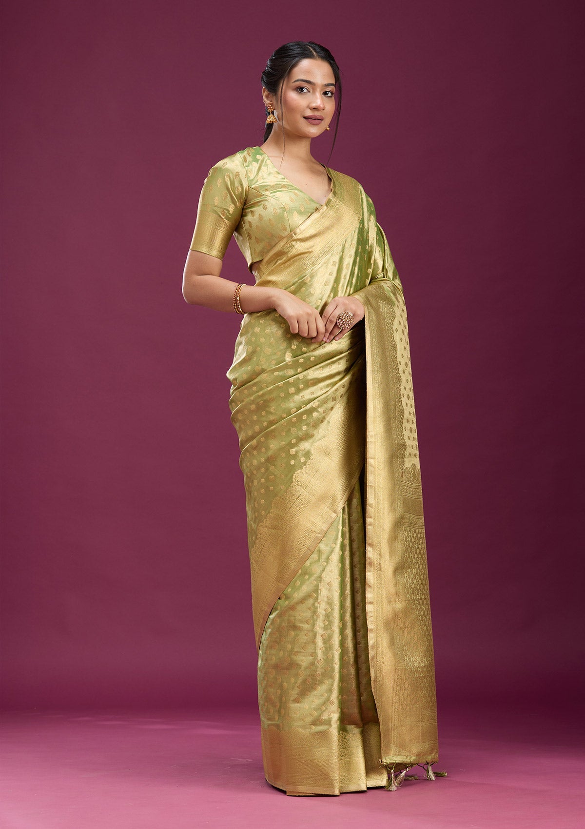 Pista Green Zariwork (Gold) Silk Saree-Koskii