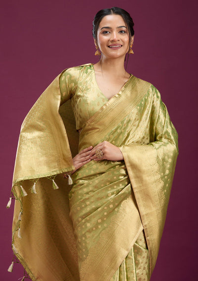 Pista Green Zariwork (Gold) Silk Saree-Koskii