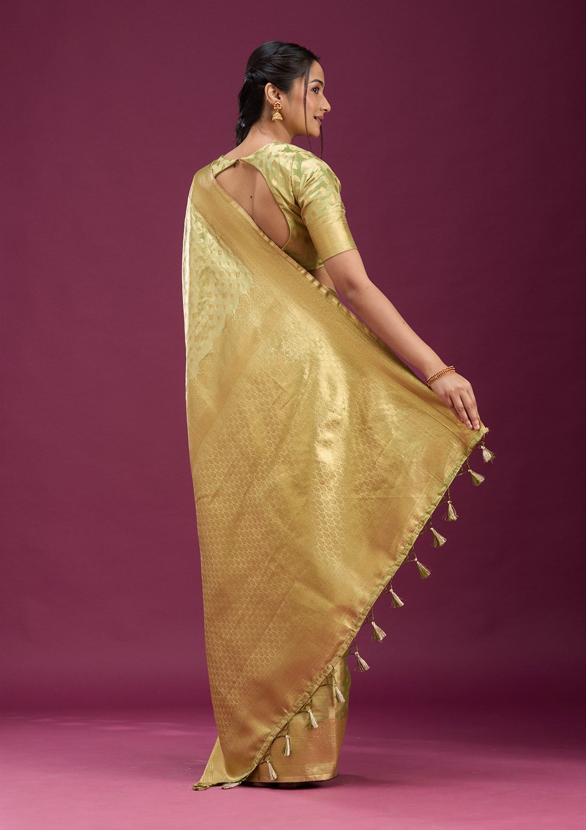 Pista Green Zariwork (Gold) Silk Saree-Koskii