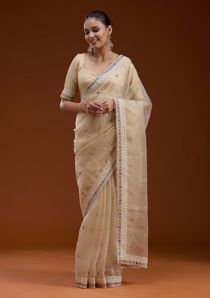 Beige Threadwork Tissue Saree-koskii